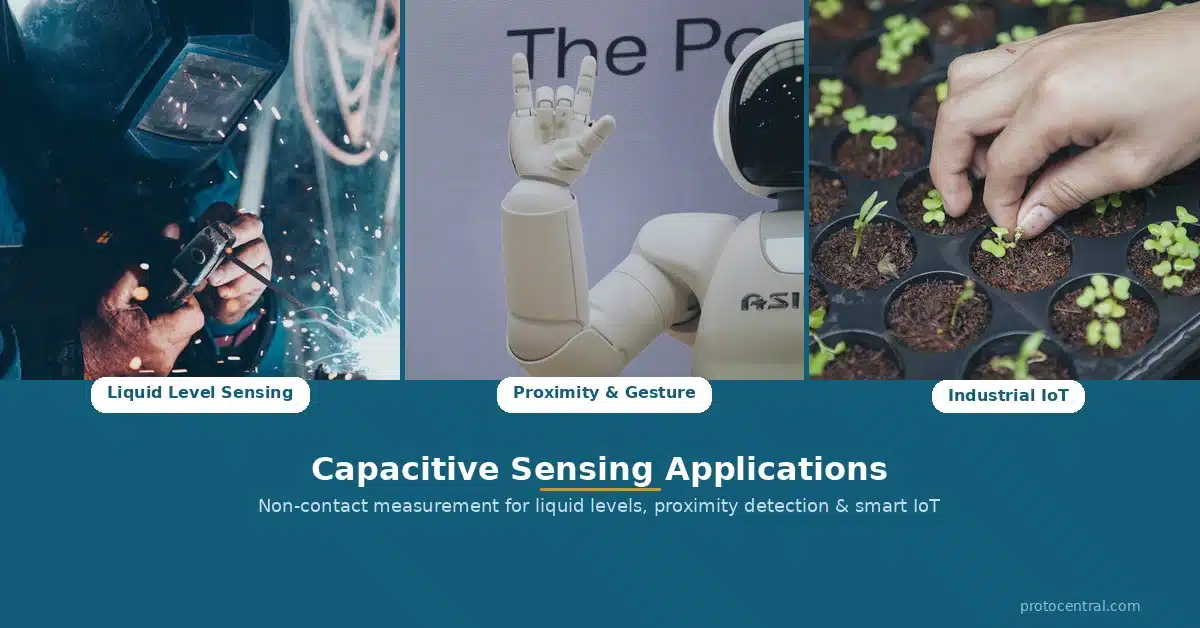 Capacitive sensing applications collage: liquid level sensing, proximity detection, and industrial IoT