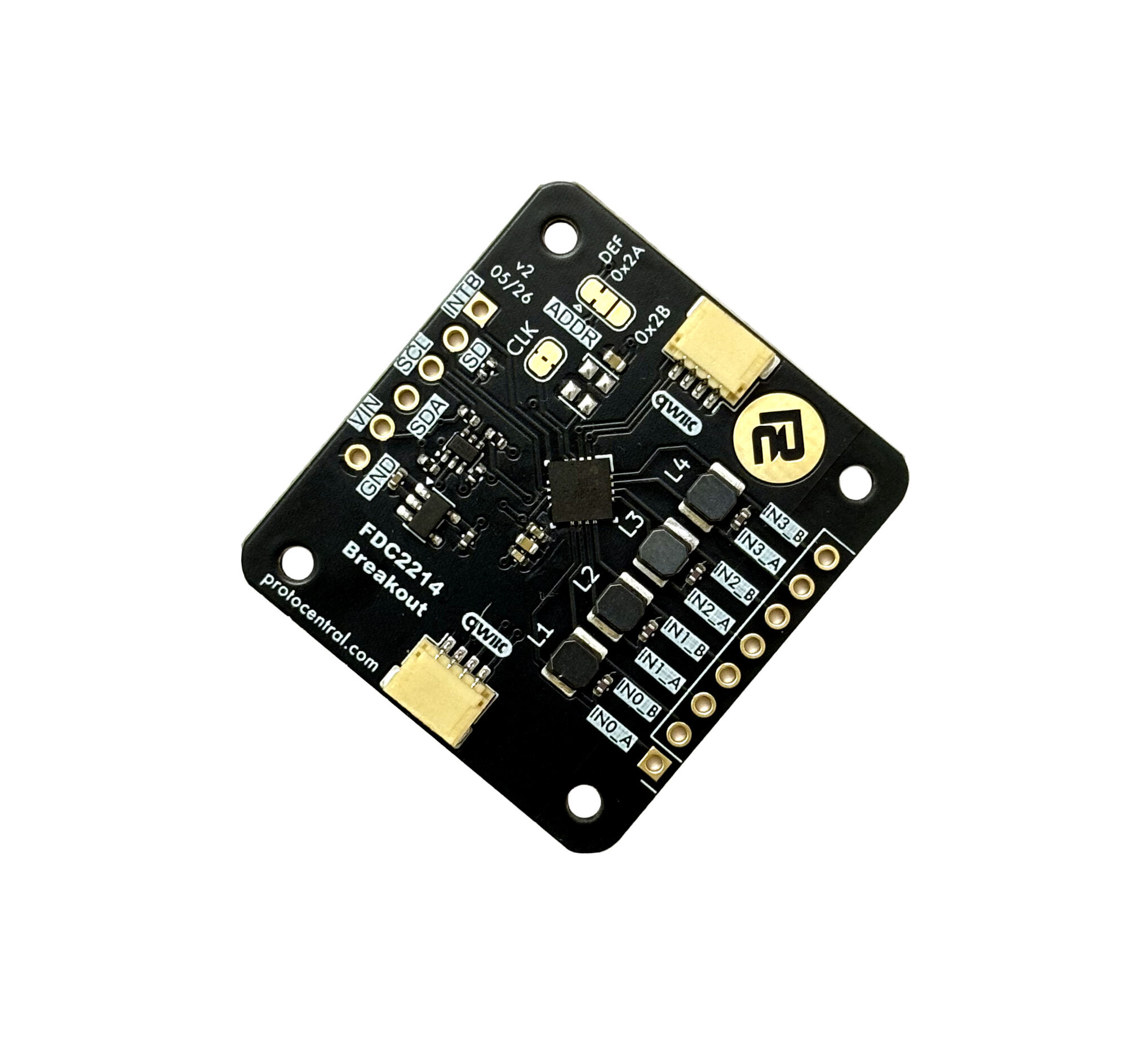 ProtoCentral FDC2214 capacitance-to-digital converter breakout board, angled view